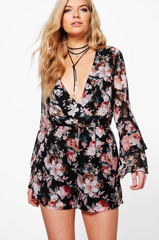 Jess Wrap Front Ruffle Sleeve Floral Playsuit